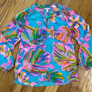 Lilly Pulitzer Elsa Silk Blouse in Sea Blue Summer Haze Size XS